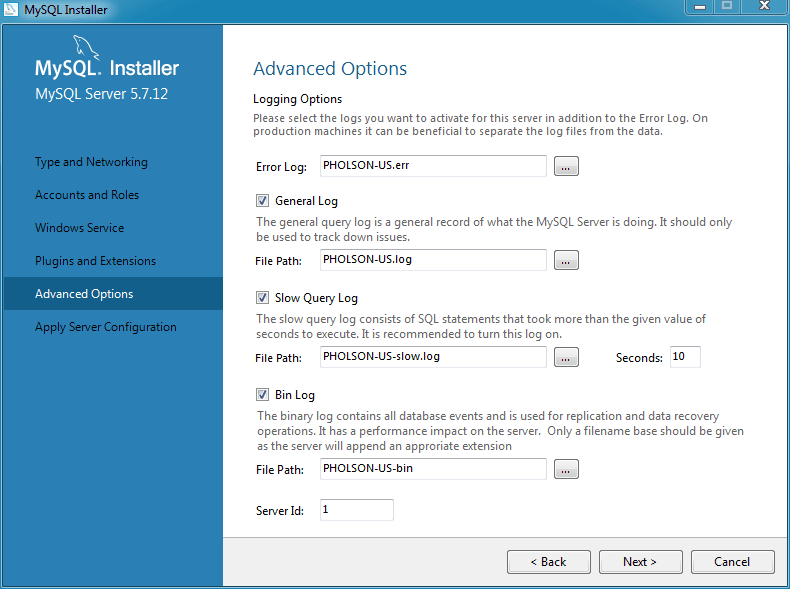 MySQL Installer - MySQL Server Configuration: Logging Options